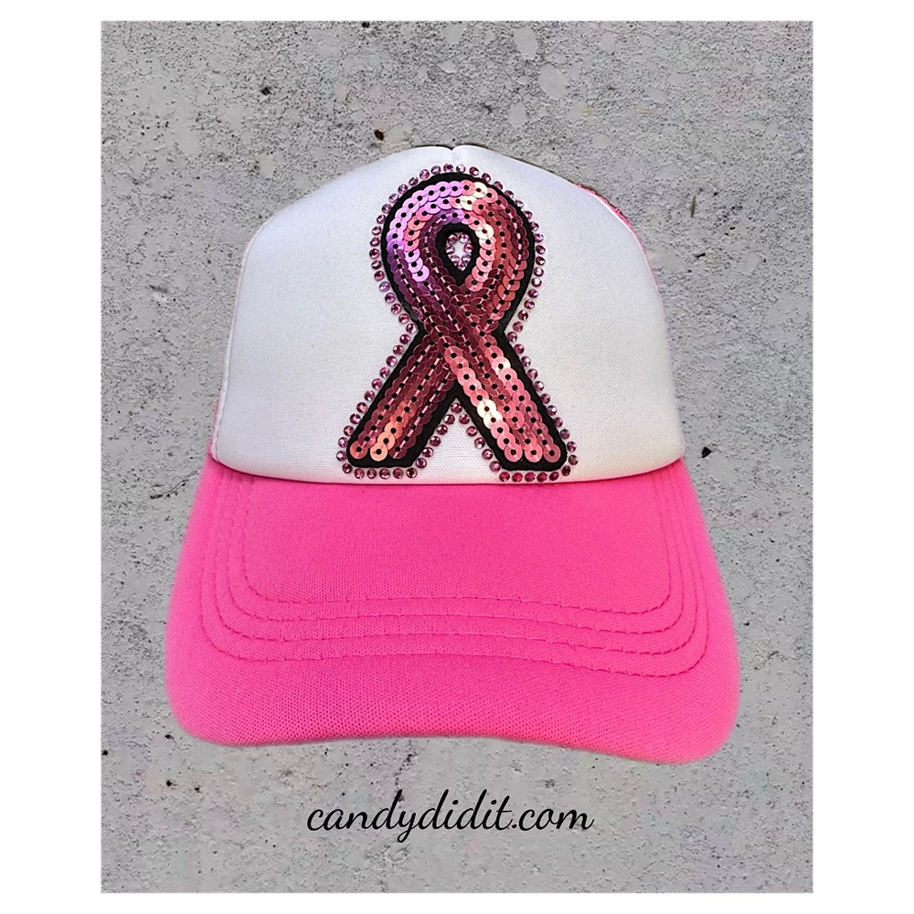Sparkly Pink Ribbon Breast Cancer Awareness Handmade Ball Cap By Candy Did It!